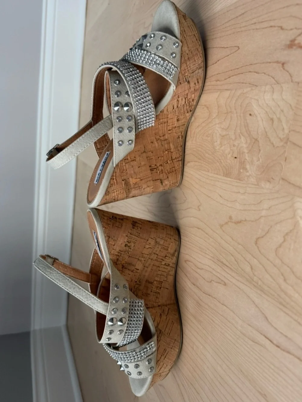 VENUS Silver Rhinestone & Stud Cork Platform Wedge Sandals - Picture 5 of 8